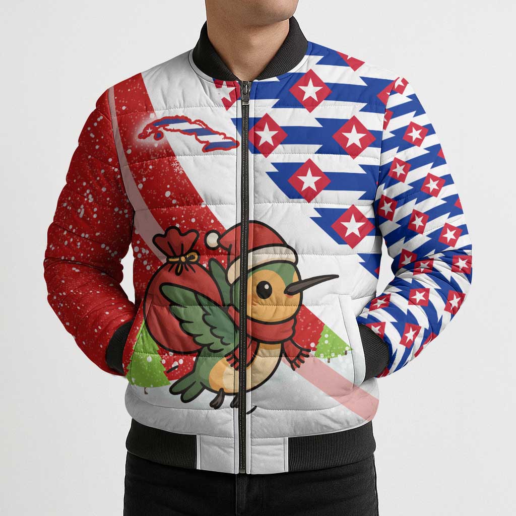 Cuba Christmas Bomber Puffer Jacket with Santa Hummingbird Cuban Flag Feliz Navidad and Snowflake - Wonder Print Shop