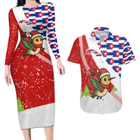 Cuba Christmas Couples Matching Long Sleeve Bodycon Dress and Hawaiian Shirt with Santa Hummingbird Cuban Flag Feliz Navidad and Snowflake - Wonder Print Shop
