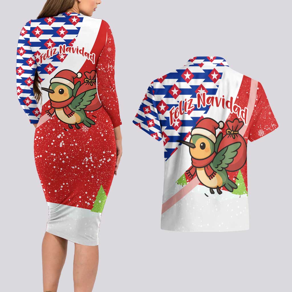Cuba Christmas Couples Matching Long Sleeve Bodycon Dress and Hawaiian Shirt with Santa Hummingbird Cuban Flag Feliz Navidad and Snowflake - Wonder Print Shop