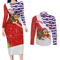 Cuba Christmas Couples Matching Long Sleeve Bodycon Dress and Long Sleeve Button Shirt with Santa Hummingbird Cuban Flag Feliz Navidad and Snowflake - Wonder Print Shop