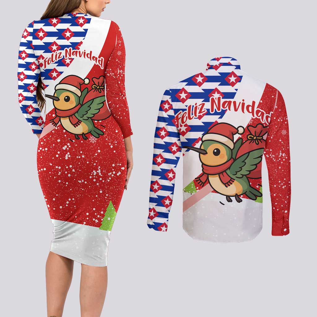 Cuba Christmas Couples Matching Long Sleeve Bodycon Dress and Long Sleeve Button Shirt with Santa Hummingbird Cuban Flag Feliz Navidad and Snowflake - Wonder Print Shop