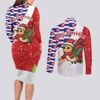 Cuba Christmas Couples Matching Long Sleeve Bodycon Dress and Long Sleeve Button Shirt with Santa Hummingbird Cuban Flag Feliz Navidad and Snowflake - Wonder Print Shop