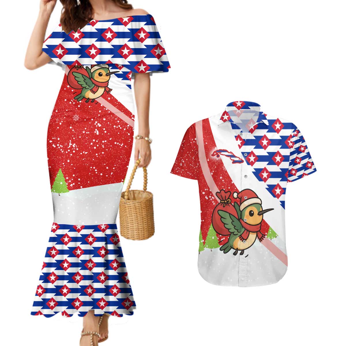 Cuba Christmas Couples Matching Mermaid Dress and Hawaiian Shirt with Santa Hummingbird Cuban Flag Feliz Navidad and Snowflake - Wonder Print Shop