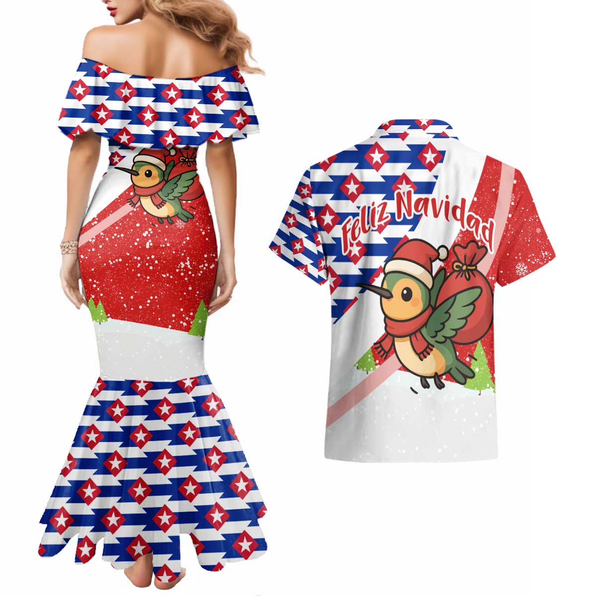 Cuba Christmas Couples Matching Mermaid Dress and Hawaiian Shirt with Santa Hummingbird Cuban Flag Feliz Navidad and Snowflake - Wonder Print Shop