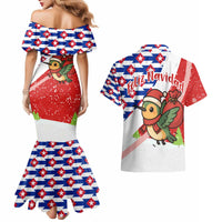 Cuba Christmas Couples Matching Mermaid Dress and Hawaiian Shirt with Santa Hummingbird Cuban Flag Feliz Navidad and Snowflake - Wonder Print Shop