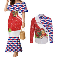 Cuba Christmas Couples Matching Mermaid Dress and Long Sleeve Button Shirt with Santa Hummingbird Cuban Flag Feliz Navidad and Snowflake - Wonder Print Shop