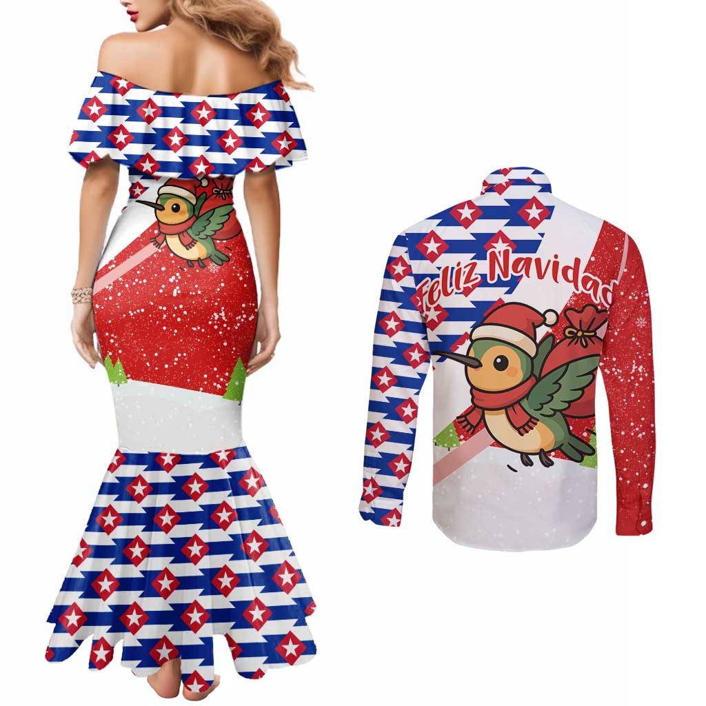 Cuba Christmas Couples Matching Mermaid Dress and Long Sleeve Button Shirt with Santa Hummingbird Cuban Flag Feliz Navidad and Snowflake - Wonder Print Shop