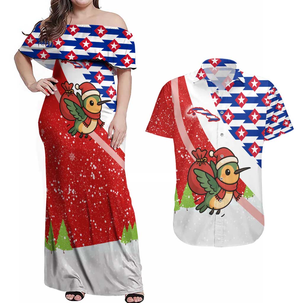 Cuba Christmas Couples Matching Off Shoulder Maxi Dress and Hawaiian Shirt with Santa Hummingbird Cuban Flag Feliz Navidad and Snowflake - Wonder Print Shop