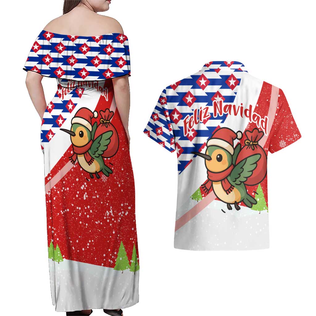 Cuba Christmas Couples Matching Off Shoulder Maxi Dress and Hawaiian Shirt with Santa Hummingbird Cuban Flag Feliz Navidad and Snowflake - Wonder Print Shop