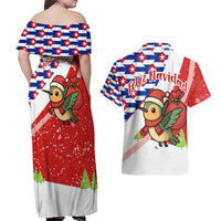 Cuba Christmas Couples Matching Off Shoulder Maxi Dress and Hawaiian Shirt with Santa Hummingbird Cuban Flag Feliz Navidad and Snowflake - Wonder Print Shop