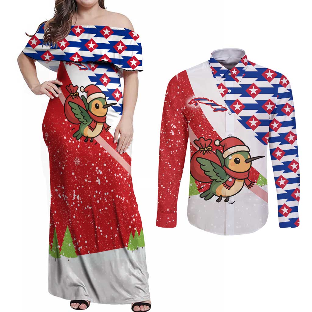 Cuba Christmas Couples Matching Off Shoulder Maxi Dress and Long Sleeve Button Shirt with Santa Hummingbird Cuban Flag Feliz Navidad and Snowflake - Wonder Print Shop