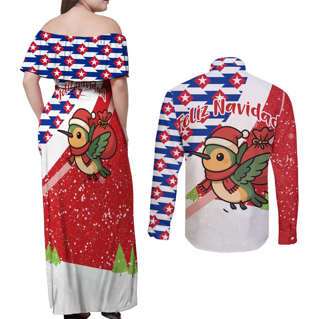 Cuba Christmas Couples Matching Off Shoulder Maxi Dress and Long Sleeve Button Shirt with Santa Hummingbird Cuban Flag Feliz Navidad and Snowflake - Wonder Print Shop