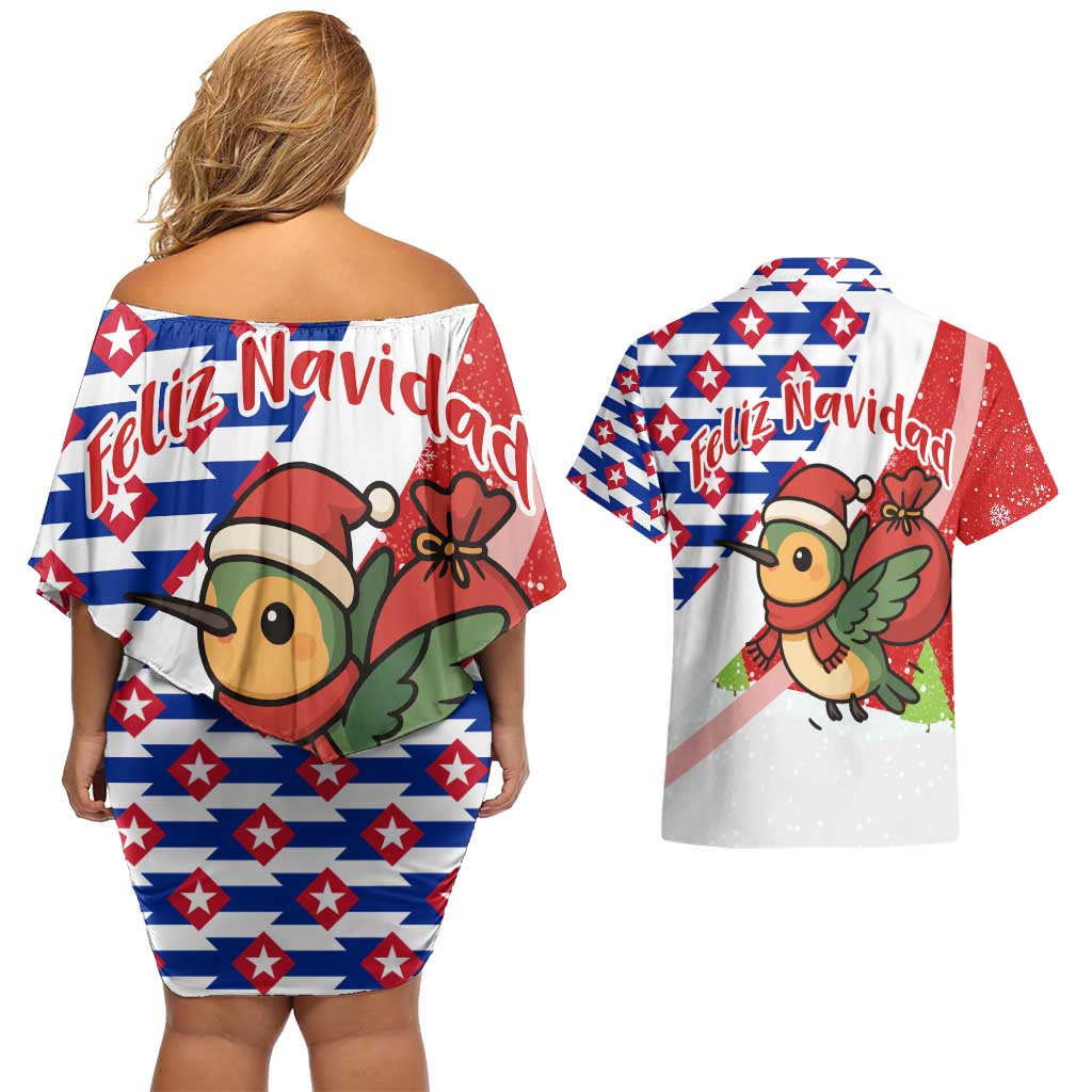 Cuba Christmas Couples Matching Off Shoulder Short Dress and Hawaiian Shirt with Santa Hummingbird Cuban Flag Feliz Navidad and Snowflake - Wonder Print Shop
