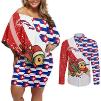 Cuba Christmas Couples Matching Off Shoulder Short Dress and Long Sleeve Button Shirt with Santa Hummingbird Cuban Flag Feliz Navidad and Snowflake - Wonder Print Shop