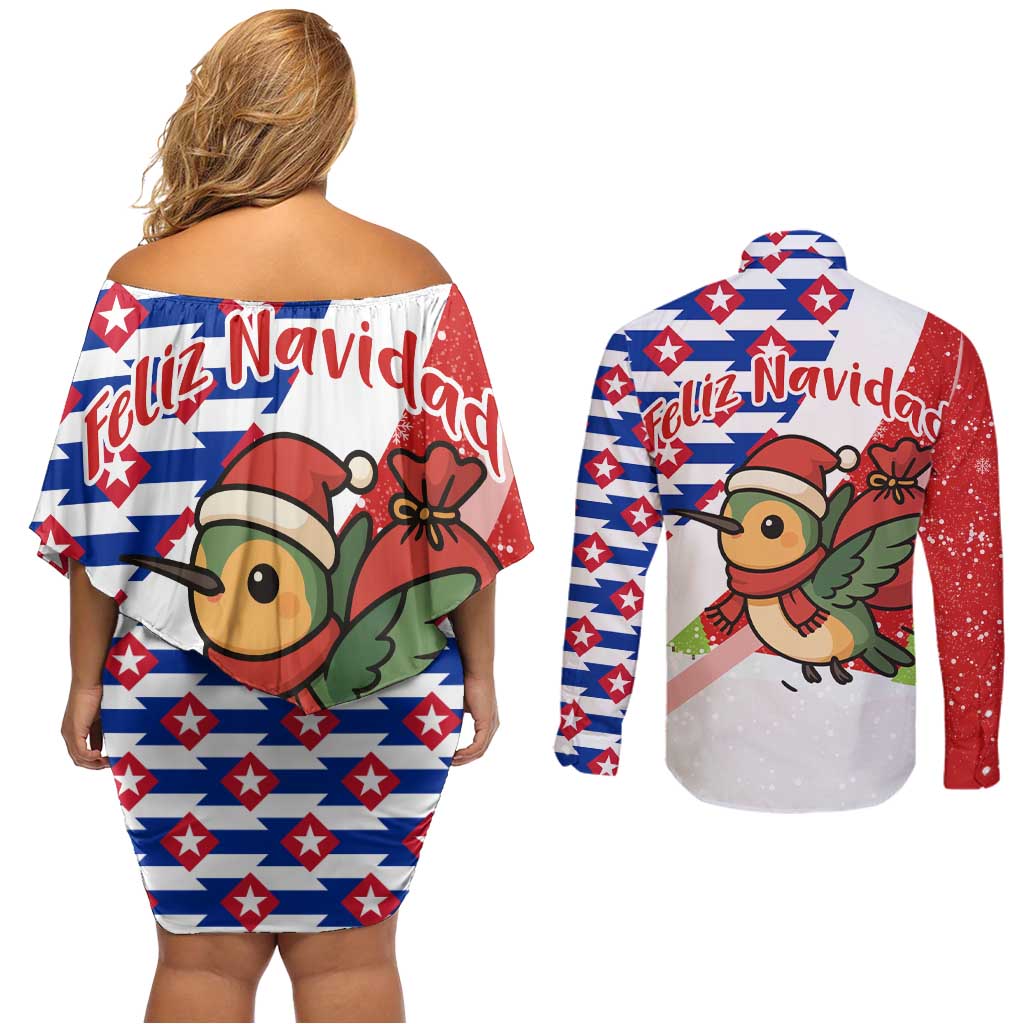 Cuba Christmas Couples Matching Off Shoulder Short Dress and Long Sleeve Button Shirt with Santa Hummingbird Cuban Flag Feliz Navidad and Snowflake - Wonder Print Shop