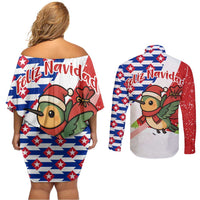 Cuba Christmas Couples Matching Off Shoulder Short Dress and Long Sleeve Button Shirt with Santa Hummingbird Cuban Flag Feliz Navidad and Snowflake - Wonder Print Shop