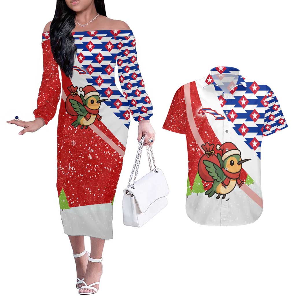Cuba Christmas Couples Matching Off The Shoulder Long Sleeve Dress and Hawaiian Shirt with Santa Hummingbird Cuban Flag Feliz Navidad and Snowflake - Wonder Print Shop