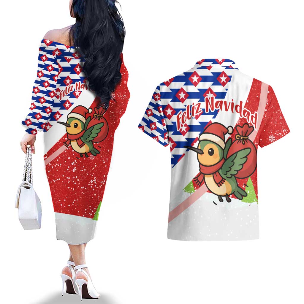 Cuba Christmas Couples Matching Off The Shoulder Long Sleeve Dress and Hawaiian Shirt with Santa Hummingbird Cuban Flag Feliz Navidad and Snowflake - Wonder Print Shop