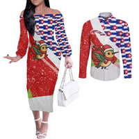Cuba Christmas Couples Matching Off The Shoulder Long Sleeve Dress and Long Sleeve Button Shirt with Santa Hummingbird Cuban Flag Feliz Navidad and Snowflake - Wonder Print Shop