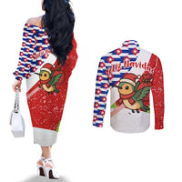 Cuba Christmas Couples Matching Off The Shoulder Long Sleeve Dress and Long Sleeve Button Shirt with Santa Hummingbird Cuban Flag Feliz Navidad and Snowflake - Wonder Print Shop