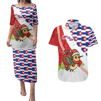 Cuba Christmas Couples Matching Puletasi and Hawaiian Shirt with Santa Hummingbird Cuban Flag Feliz Navidad and Snowflake - Wonder Print Shop