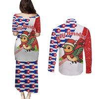 Cuba Christmas Couples Matching Puletasi and Long Sleeve Button Shirt with Santa Hummingbird Cuban Flag Feliz Navidad and Snowflake - Wonder Print Shop