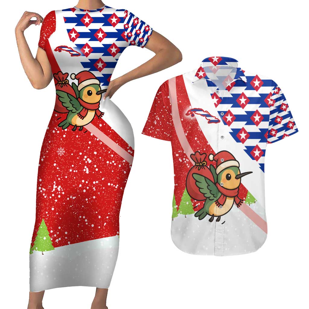 Cuba Christmas Couples Matching Short Sleeve Bodycon Dress and Hawaiian Shirt with Santa Hummingbird Cuban Flag Feliz Navidad and Snowflake - Wonder Print Shop