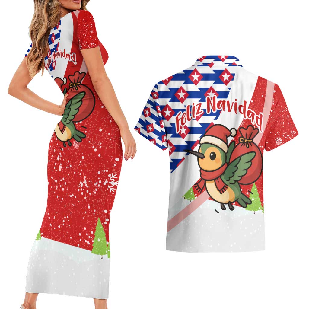 Cuba Christmas Couples Matching Short Sleeve Bodycon Dress and Hawaiian Shirt with Santa Hummingbird Cuban Flag Feliz Navidad and Snowflake - Wonder Print Shop