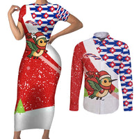 Cuba Christmas Couples Matching Short Sleeve Bodycon Dress and Long Sleeve Button Shirt with Santa Hummingbird Cuban Flag Feliz Navidad and Snowflake - Wonder Print Shop