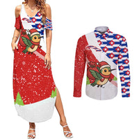 Cuba Christmas Couples Matching Summer Maxi Dress and Long Sleeve Button Shirt with Santa Hummingbird Cuban Flag Feliz Navidad and Snowflake - Wonder Print Shop