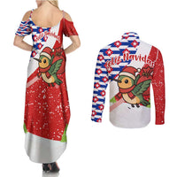 Cuba Christmas Couples Matching Summer Maxi Dress and Long Sleeve Button Shirt with Santa Hummingbird Cuban Flag Feliz Navidad and Snowflake - Wonder Print Shop