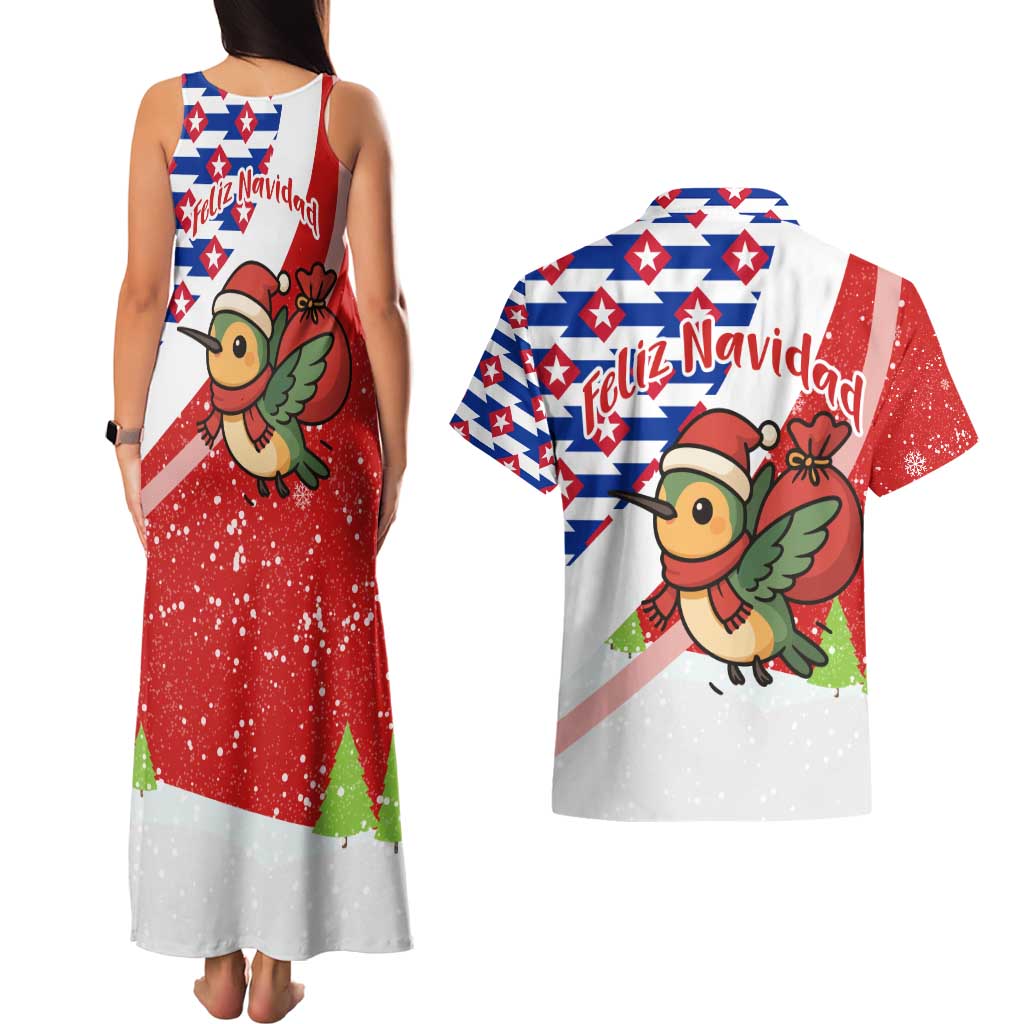 Cuba Christmas Couples Matching Tank Maxi Dress and Hawaiian Shirt with Santa Hummingbird Cuban Flag Feliz Navidad and Snowflake - Wonder Print Shop