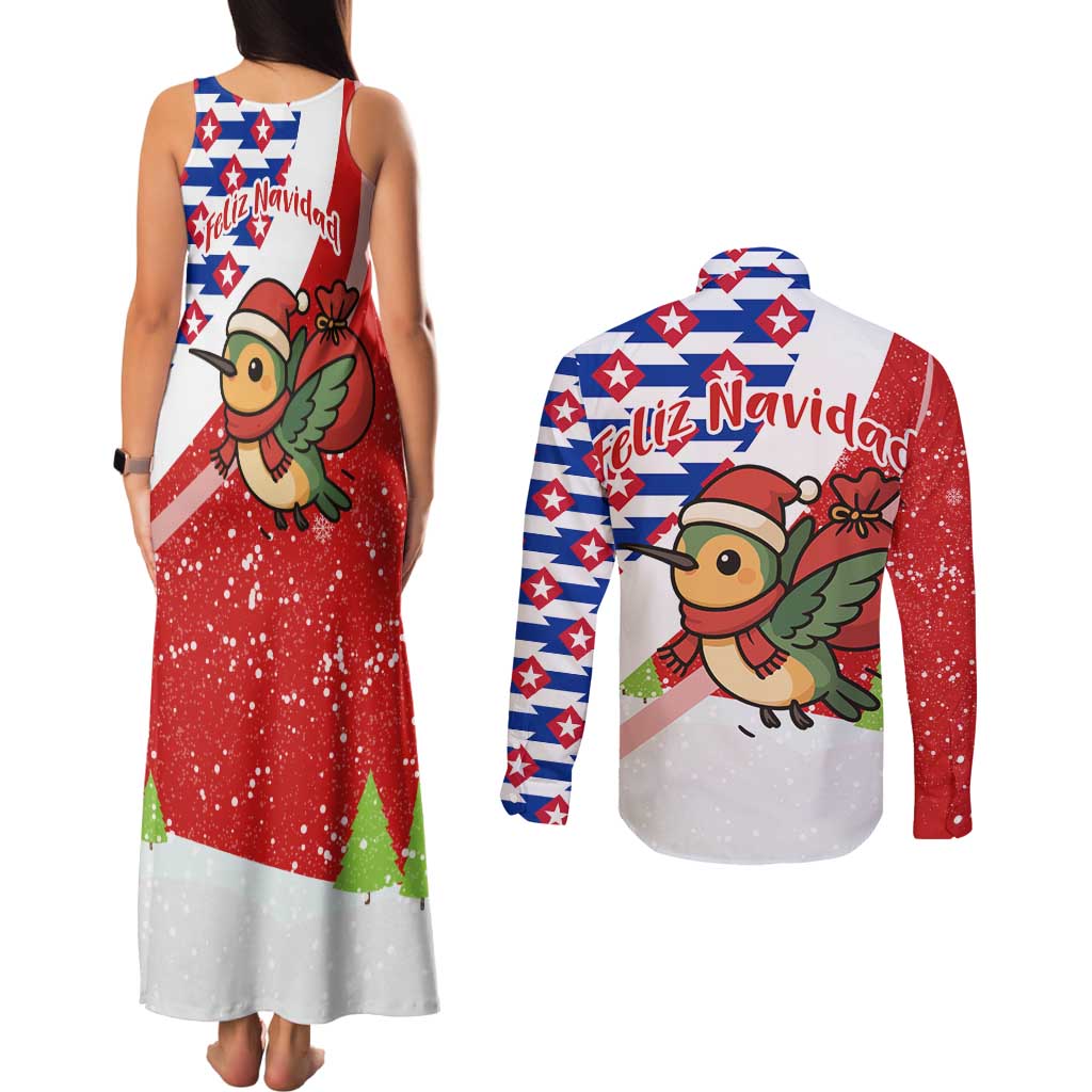Cuba Christmas Couples Matching Tank Maxi Dress and Long Sleeve Button Shirt with Santa Hummingbird Cuban Flag Feliz Navidad and Snowflake - Wonder Print Shop