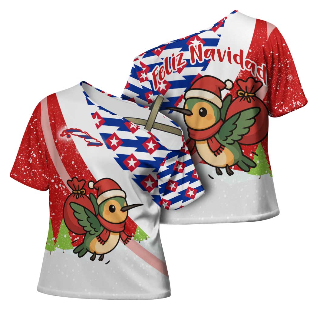 Cuba Christmas Cross Shoulder Shirt with Santa Hummingbird Cuban Flag Feliz Navidad and Snowflake - Wonder Print Shop