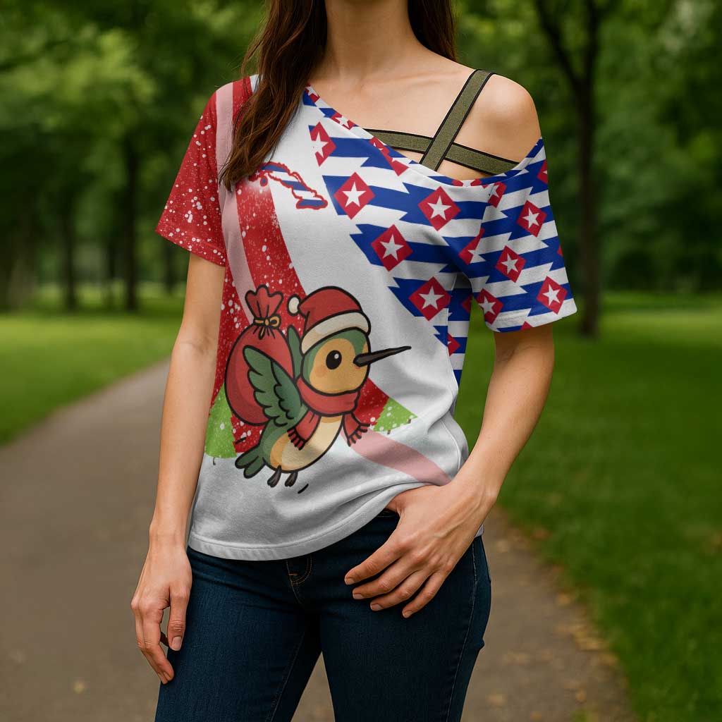 Cuba Christmas Cross Shoulder Shirt with Santa Hummingbird Cuban Flag Feliz Navidad and Snowflake - Wonder Print Shop