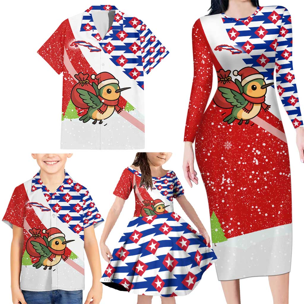 Cuba Christmas Family Matching Long Sleeve Bodycon Dress and Hawaiian Shirt with Santa Hummingbird Cuban Flag Feliz Navidad and Snowflake - Wonder Print Shop