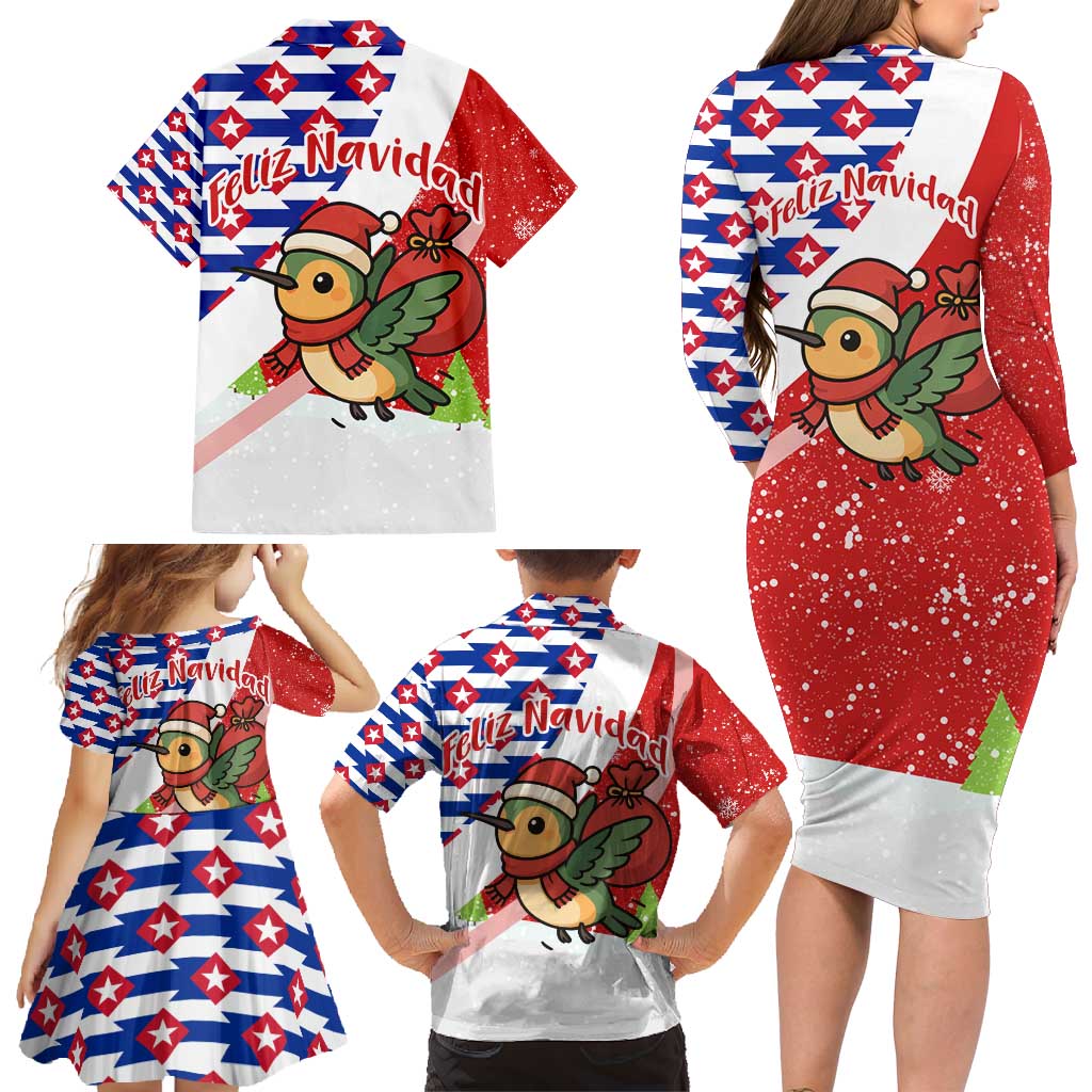 Cuba Christmas Family Matching Long Sleeve Bodycon Dress and Hawaiian Shirt with Santa Hummingbird Cuban Flag Feliz Navidad and Snowflake - Wonder Print Shop