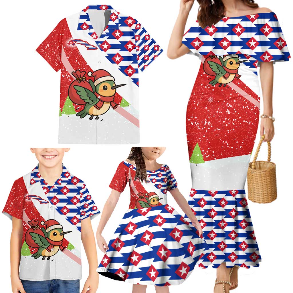 Cuba Christmas Family Matching Mermaid Dress and Hawaiian Shirt with Santa Hummingbird Cuban Flag Feliz Navidad and Snowflake - Wonder Print Shop