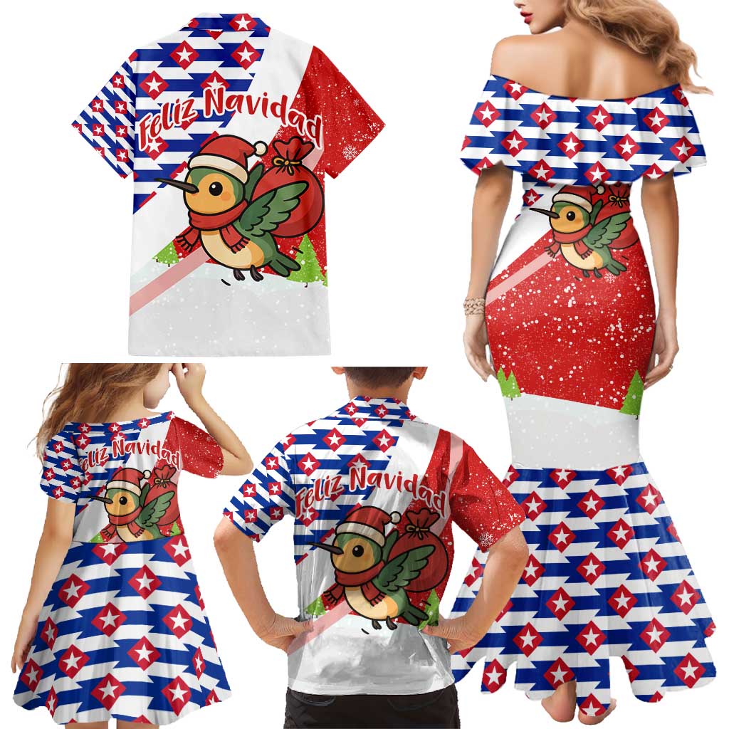 Cuba Christmas Family Matching Mermaid Dress and Hawaiian Shirt with Santa Hummingbird Cuban Flag Feliz Navidad and Snowflake - Wonder Print Shop