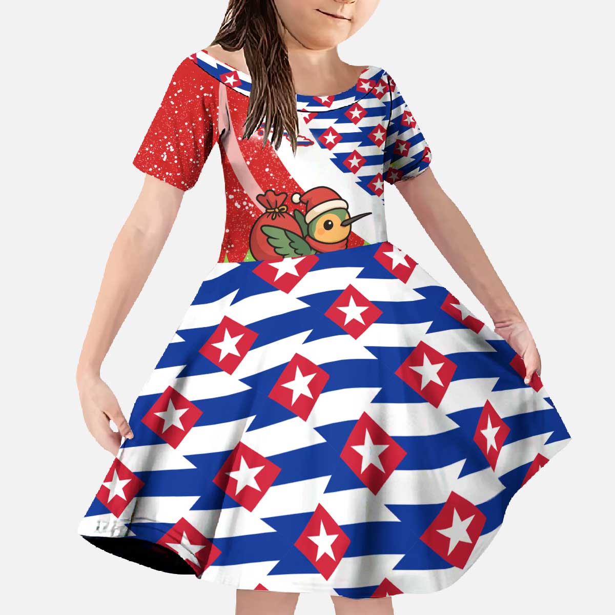 Cuba Christmas Family Matching Off The Shoulder Long Sleeve Dress and Hawaiian Shirt with Santa Hummingbird Cuban Flag Feliz Navidad and Snowflake - Wonder Print Shop