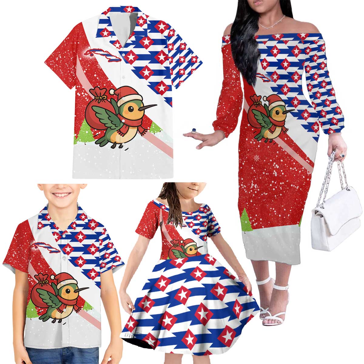 Cuba Christmas Family Matching Off The Shoulder Long Sleeve Dress and Hawaiian Shirt with Santa Hummingbird Cuban Flag Feliz Navidad and Snowflake - Wonder Print Shop