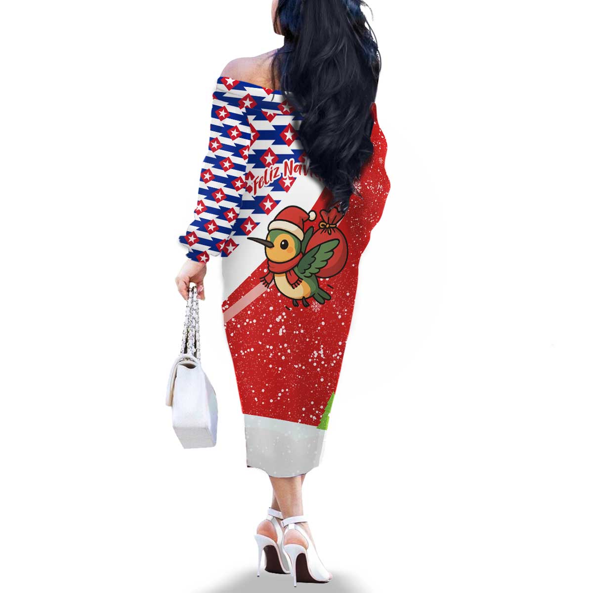 Cuba Christmas Family Matching Off The Shoulder Long Sleeve Dress and Hawaiian Shirt with Santa Hummingbird Cuban Flag Feliz Navidad and Snowflake - Wonder Print Shop