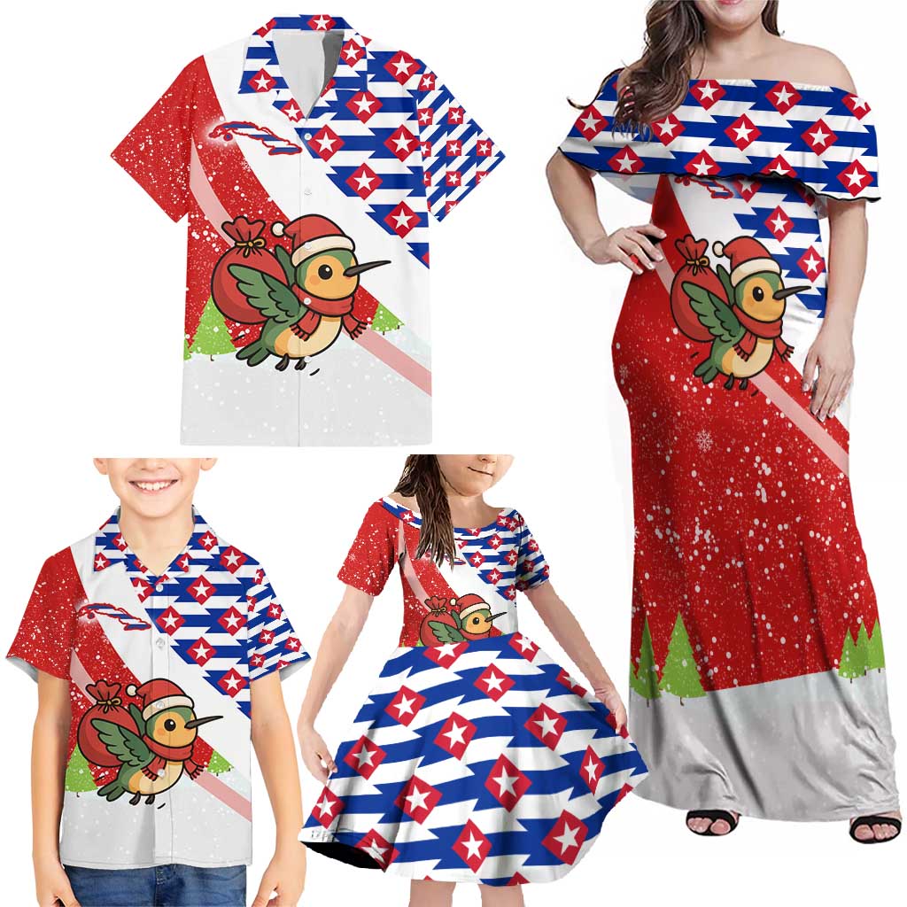 Cuba Christmas Family Matching Off Shoulder Maxi Dress and Hawaiian Shirt with Santa Hummingbird Cuban Flag Feliz Navidad and Snowflake - Wonder Print Shop