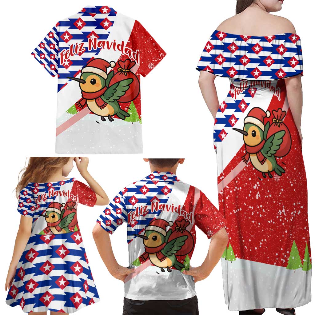 Cuba Christmas Family Matching Off Shoulder Maxi Dress and Hawaiian Shirt with Santa Hummingbird Cuban Flag Feliz Navidad and Snowflake - Wonder Print Shop