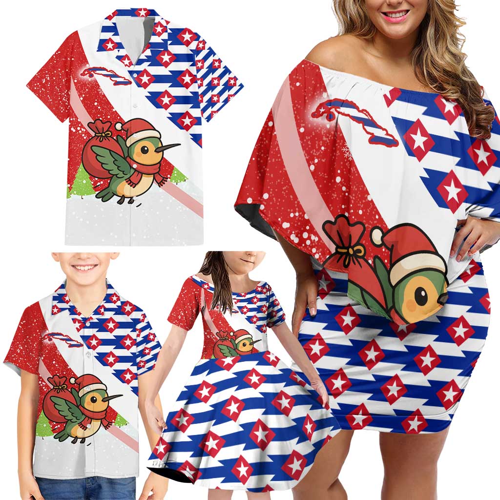 Cuba Christmas Family Matching Off Shoulder Short Dress and Hawaiian Shirt with Santa Hummingbird Cuban Flag Feliz Navidad and Snowflake - Wonder Print Shop