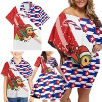 Cuba Christmas Family Matching Off Shoulder Short Dress and Hawaiian Shirt with Santa Hummingbird Cuban Flag Feliz Navidad and Snowflake - Wonder Print Shop