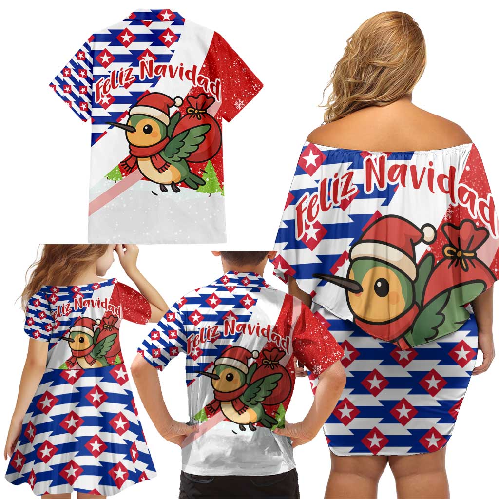Cuba Christmas Family Matching Off Shoulder Short Dress and Hawaiian Shirt with Santa Hummingbird Cuban Flag Feliz Navidad and Snowflake - Wonder Print Shop