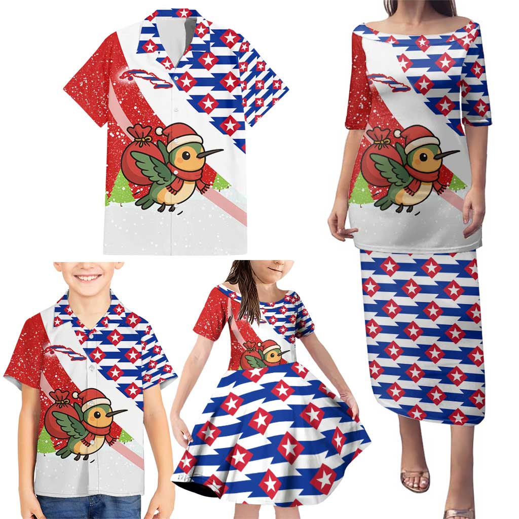 Cuba Christmas Family Matching Puletasi and Hawaiian Shirt with Santa Hummingbird Cuban Flag Feliz Navidad and Snowflake - Wonder Print Shop