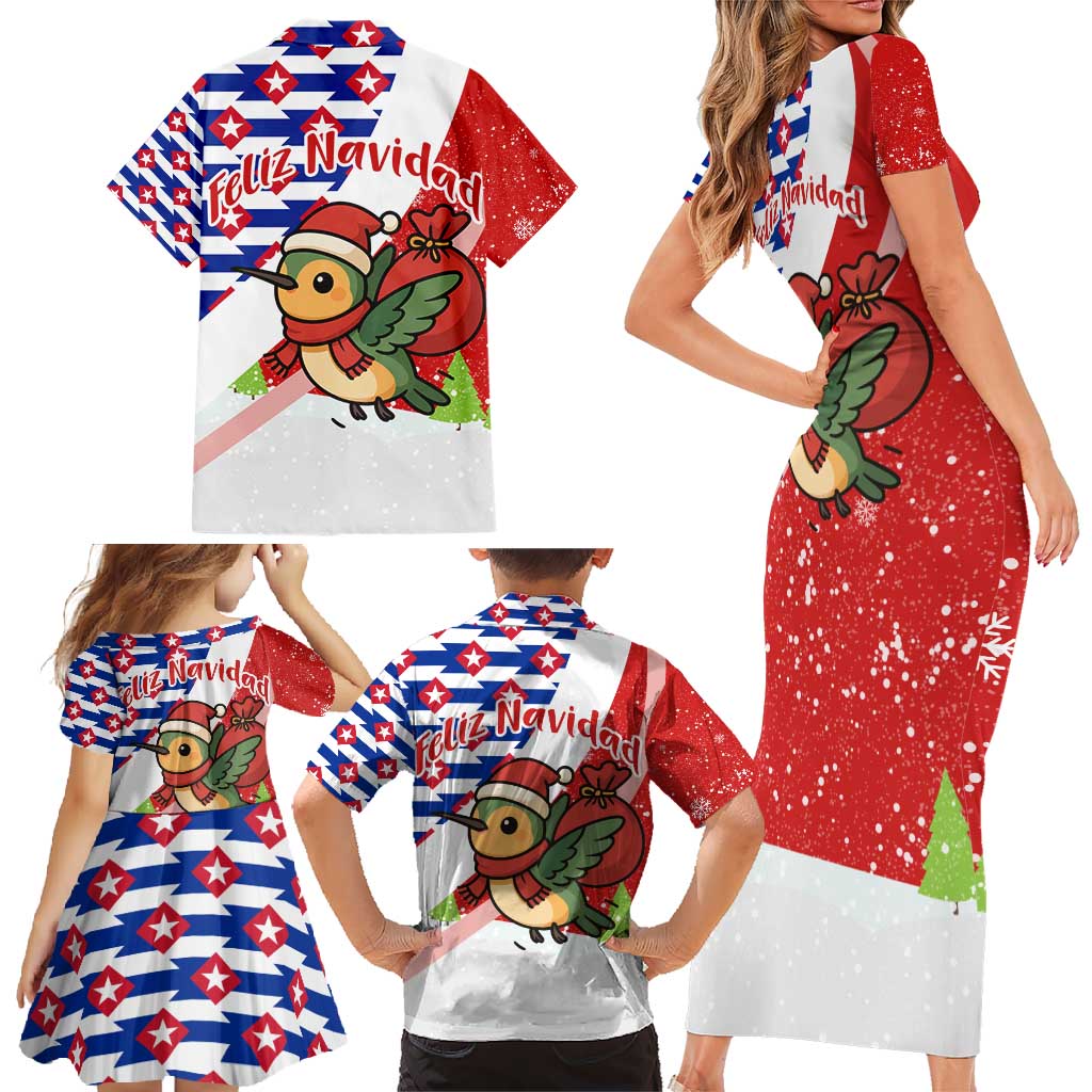 Cuba Christmas Family Matching Short Sleeve Bodycon Dress and Hawaiian Shirt with Santa Hummingbird Cuban Flag Feliz Navidad and Snowflake - Wonder Print Shop