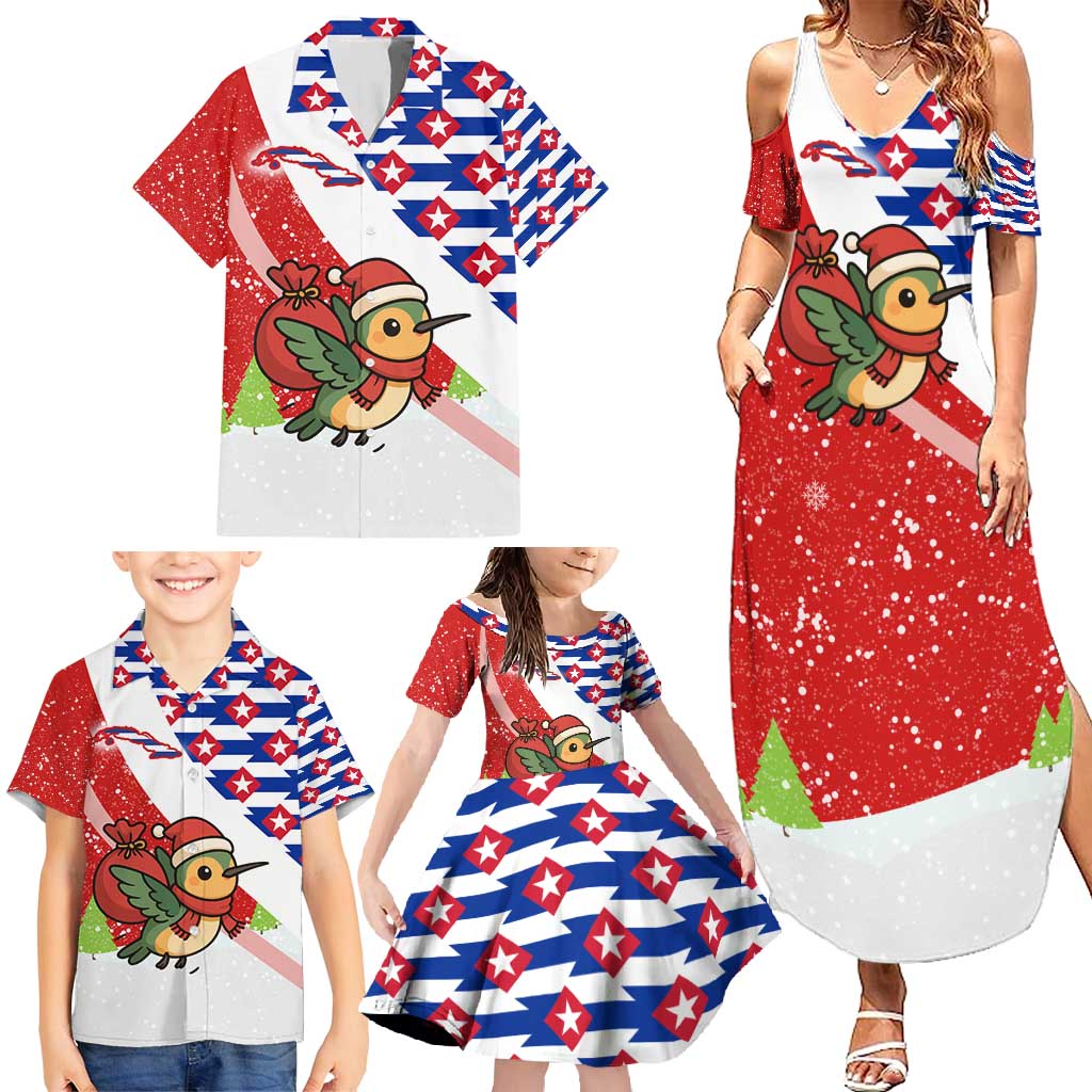 Cuba Christmas Family Matching Summer Maxi Dress and Hawaiian Shirt with Santa Hummingbird Cuban Flag Feliz Navidad and Snowflake - Wonder Print Shop